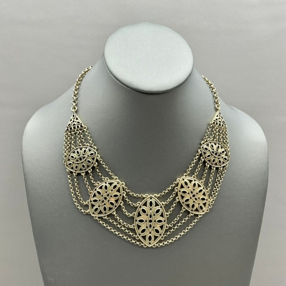 Lucky Brand Bib Statement Necklace Women Gold Tone Filigree Multi Strand Drape